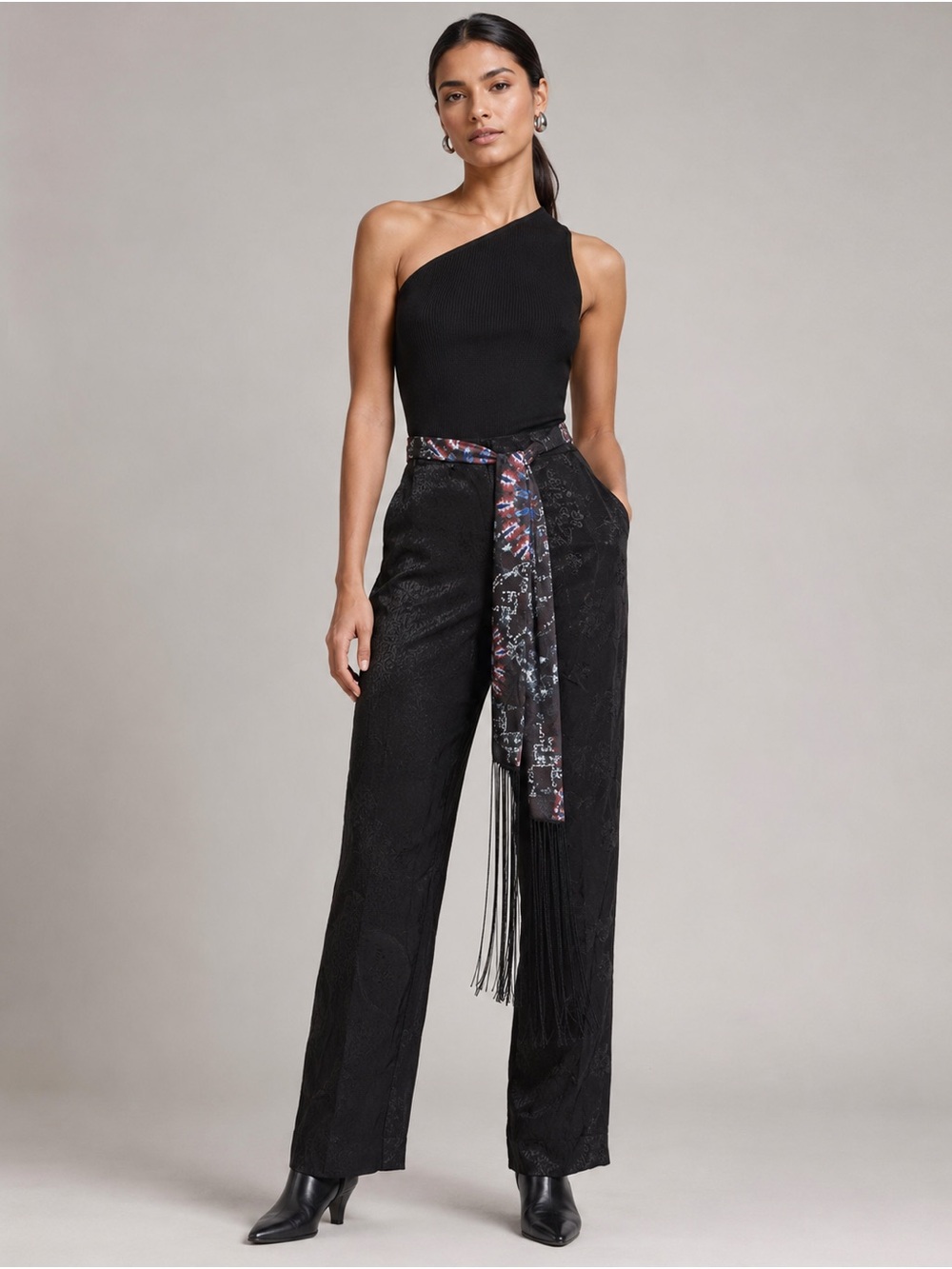 New! Desigual Heira Black Jacquard Wide-Leg Pants with Fringed Sash Belt Boho🖤 8
